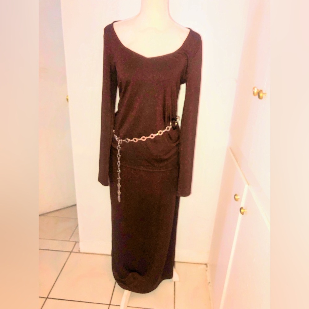 2PC Shimmery Chocolate Brown Knit top and Matching High Waist Skirt